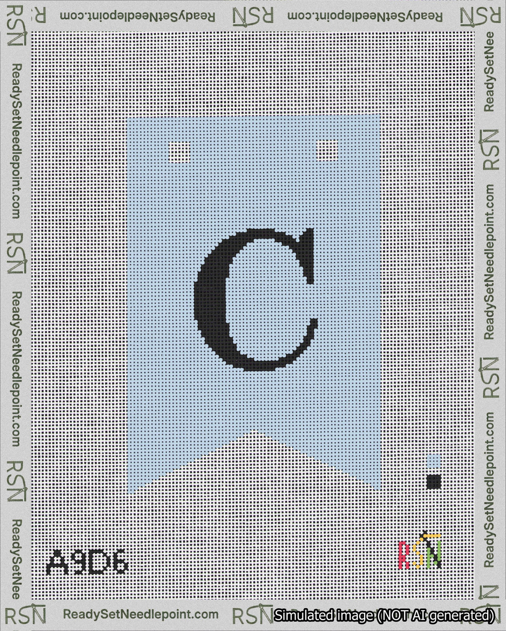 A taped needlepoint canvas with the design: Banner 18 mesh count Forked C Black on Light Blue.