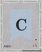 A taped needlepoint canvas with the design: Banner 18 mesh count Forked C Black on Light Blue.