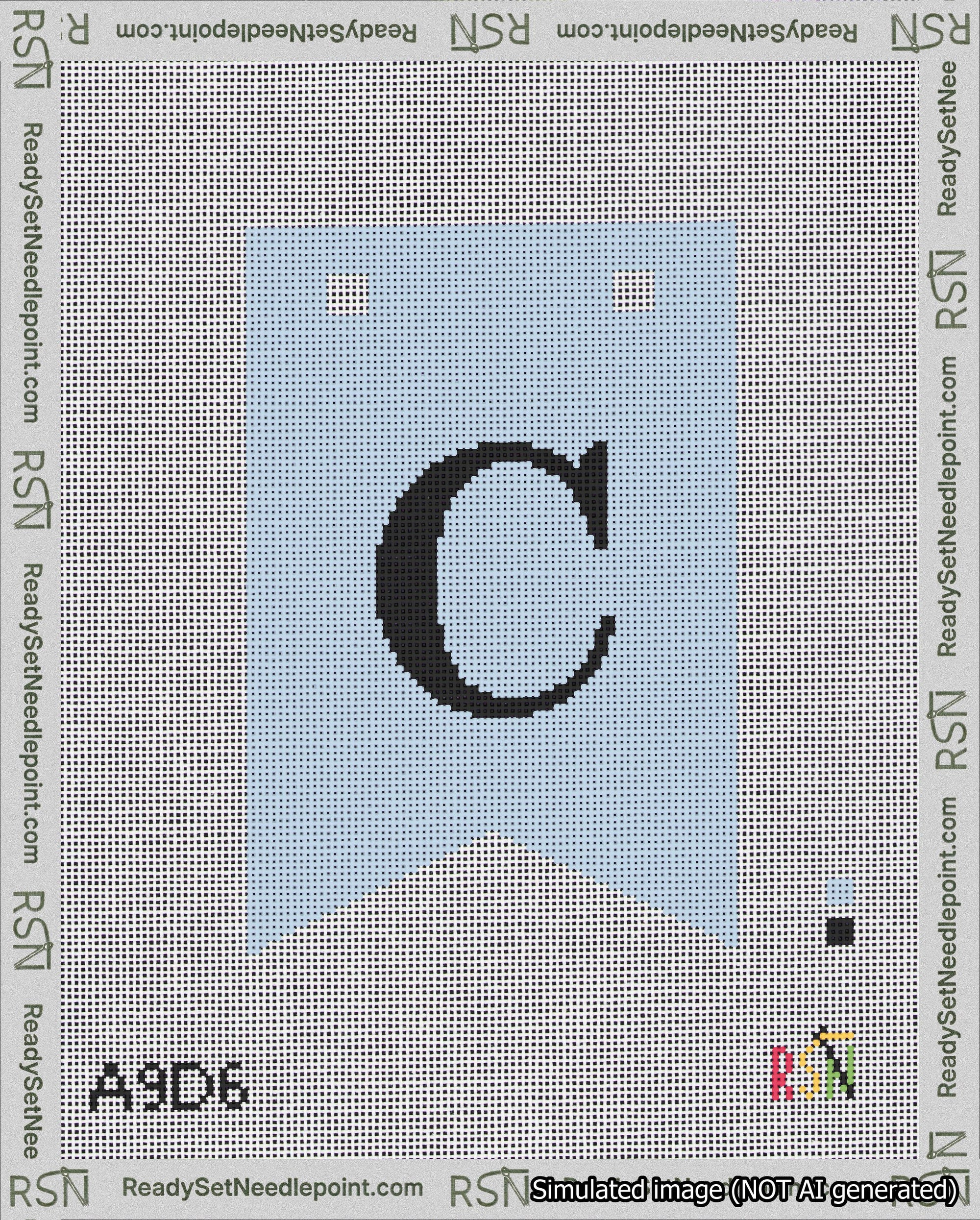 A taped needlepoint canvas with the design: Banner 18 mesh count Forked C Black on Light Blue.