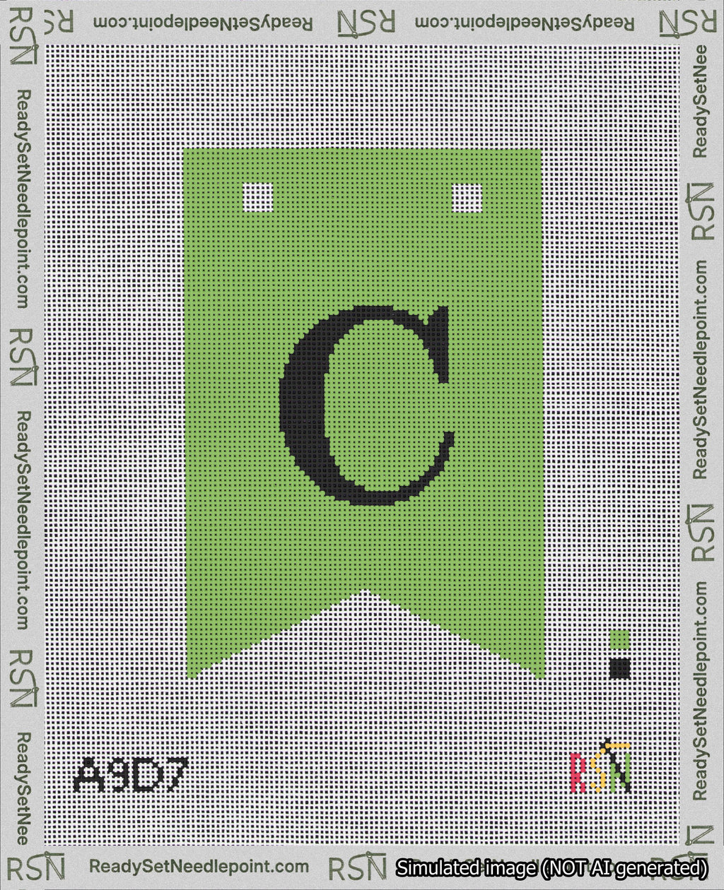 A taped needlepoint canvas with the design: Banner 18 mesh count Forked C Black on Light Green.
