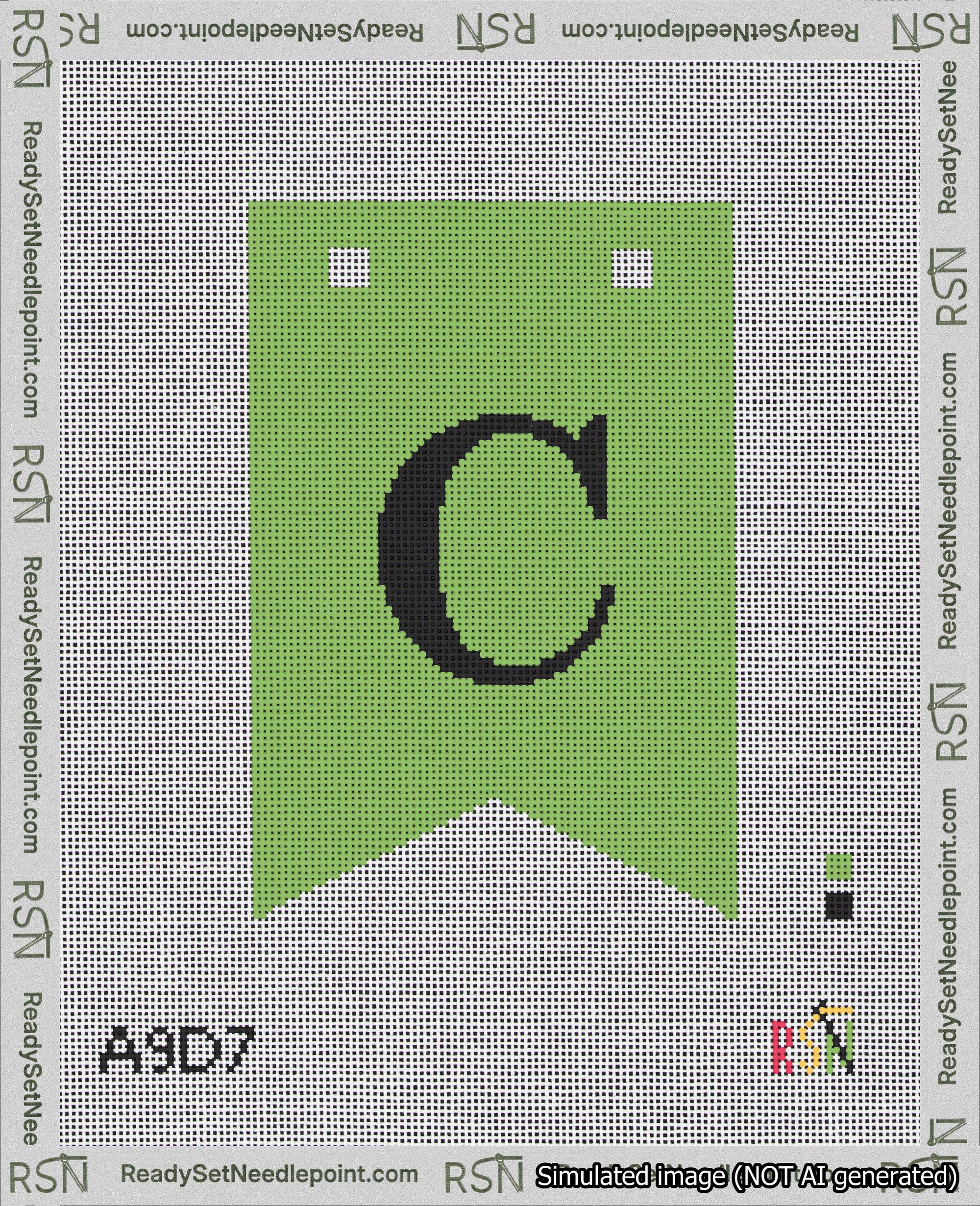 A taped needlepoint canvas with the design: Banner 18 mesh count Forked C Black on Light Green.
