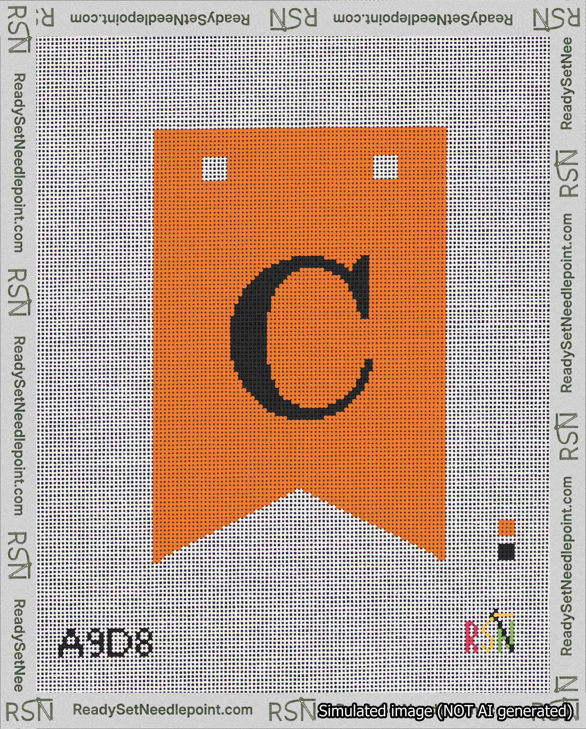 A taped needlepoint canvas with the design: Banner 18 mesh count Forked C Black on Orange.
