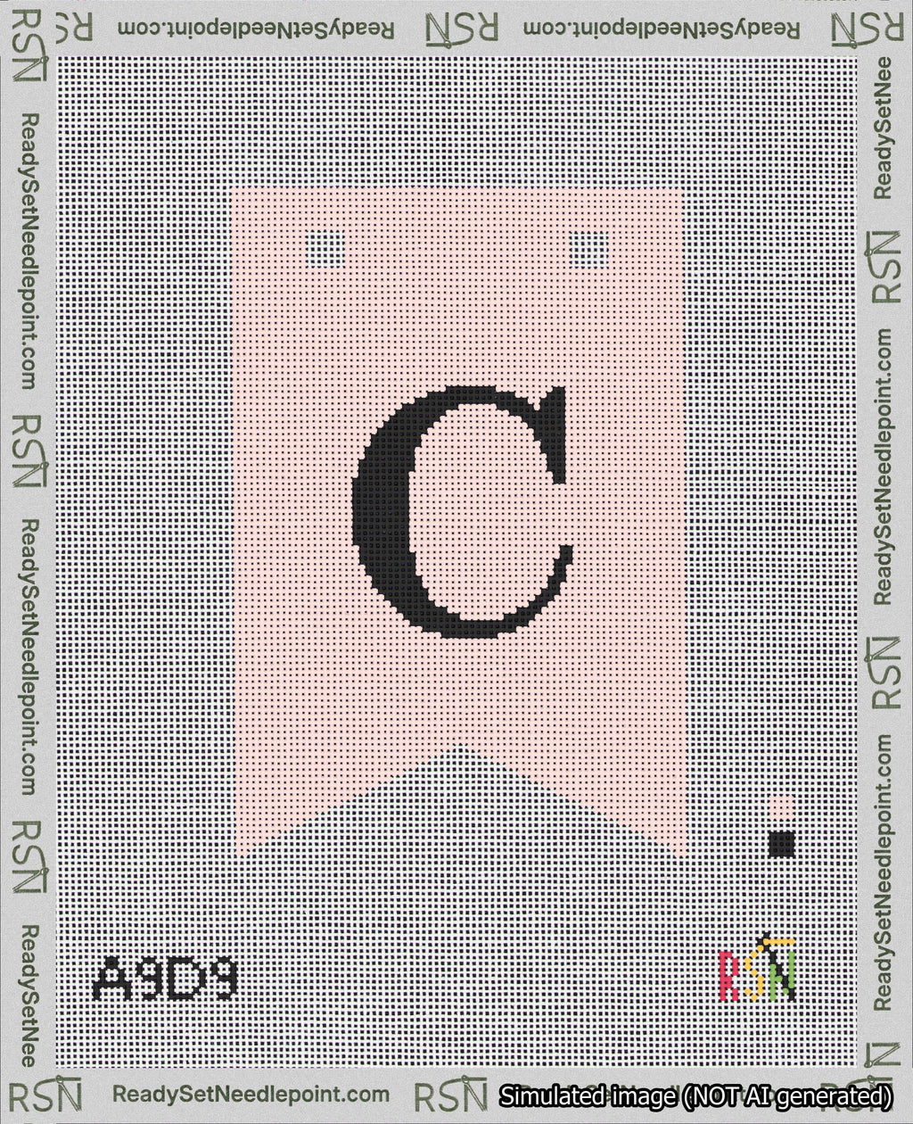 A taped needlepoint canvas with the design: Banner 18 mesh count Forked C Black on Pink.
