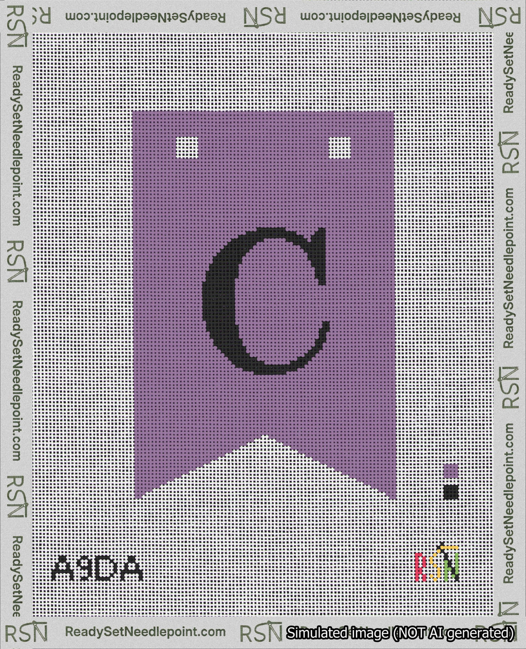 A taped needlepoint canvas with the design: Banner 18 mesh count Forked C Black on Purple.