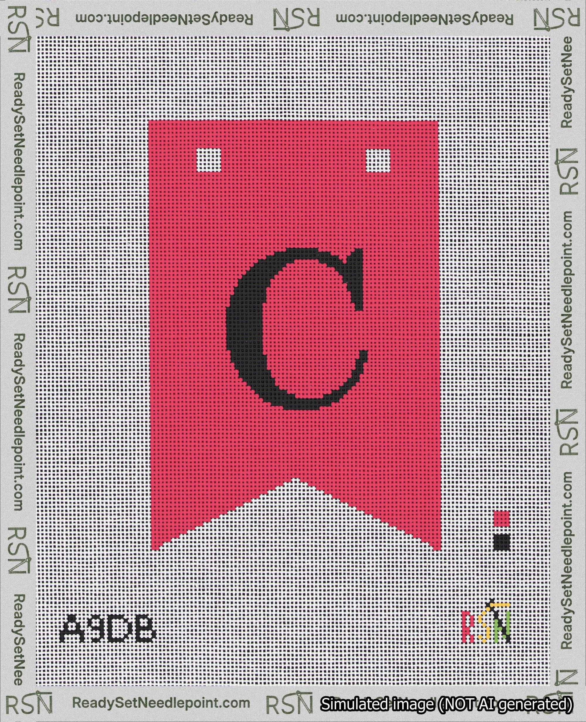 A taped needlepoint canvas with the design: Banner 18 mesh count Forked C Black on Red.