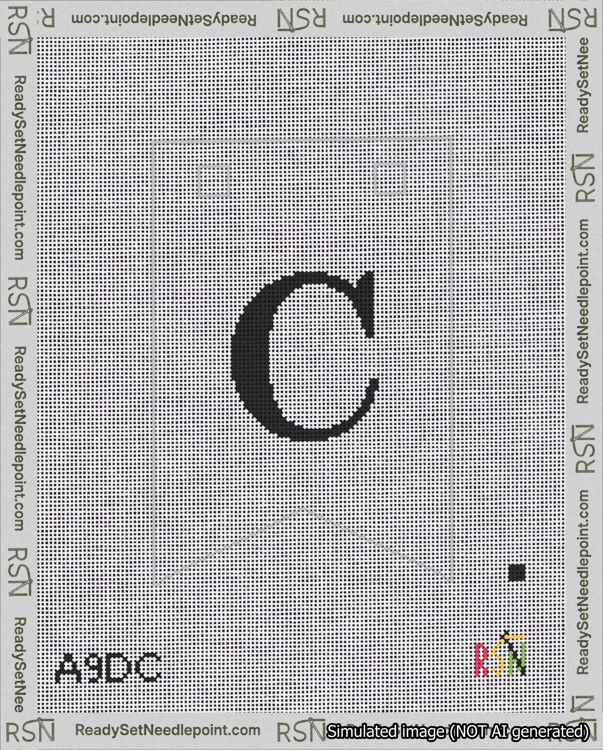 A taped needlepoint canvas with the design: Banner 18 mesh count Forked C Black on White.