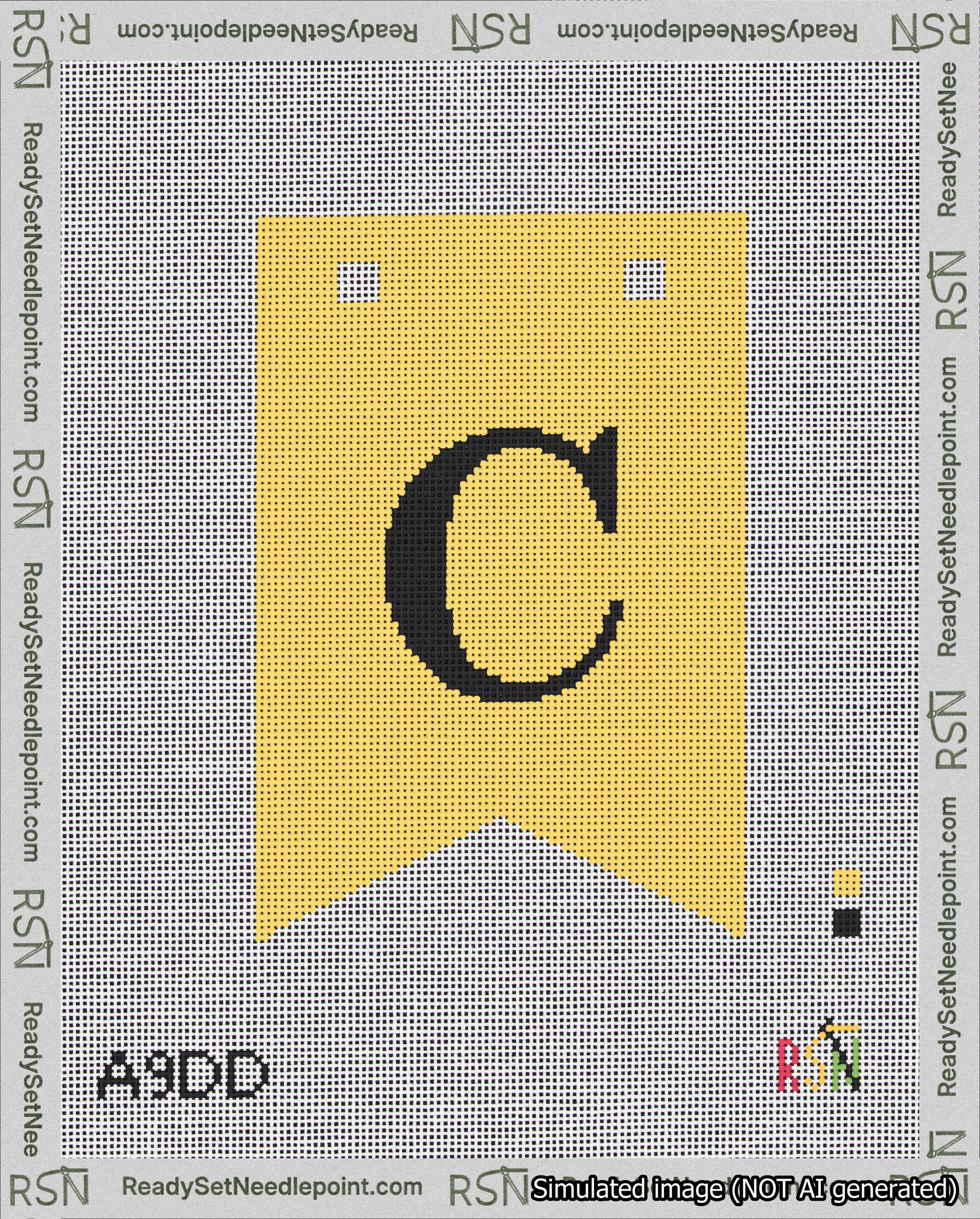 A taped needlepoint canvas with the design: Banner 18 mesh count Forked C Black on Yellow.