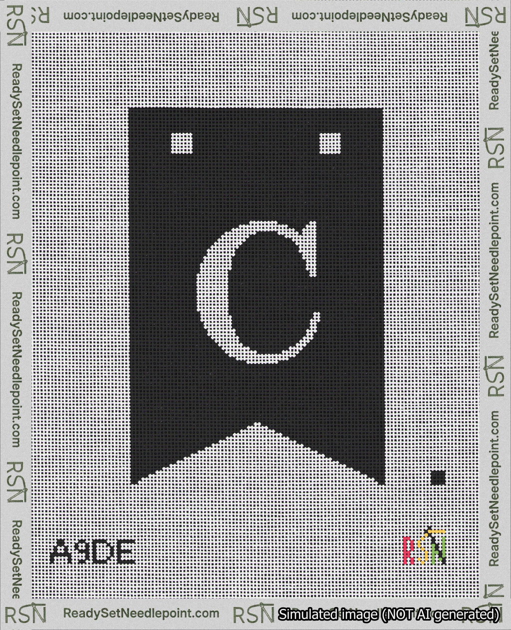 A taped needlepoint canvas with the design: Banner 18 mesh count Forked C White on Black.