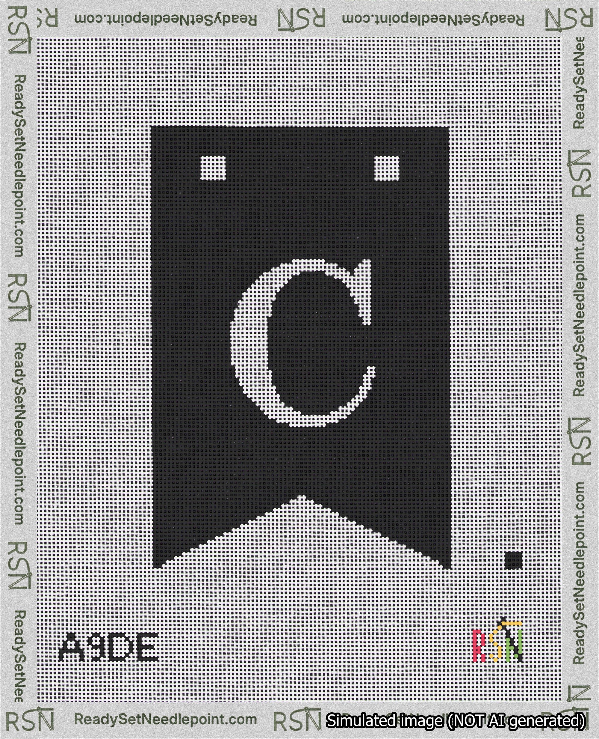 A taped needlepoint canvas with the design: Banner 18 mesh count Forked C White on Black.