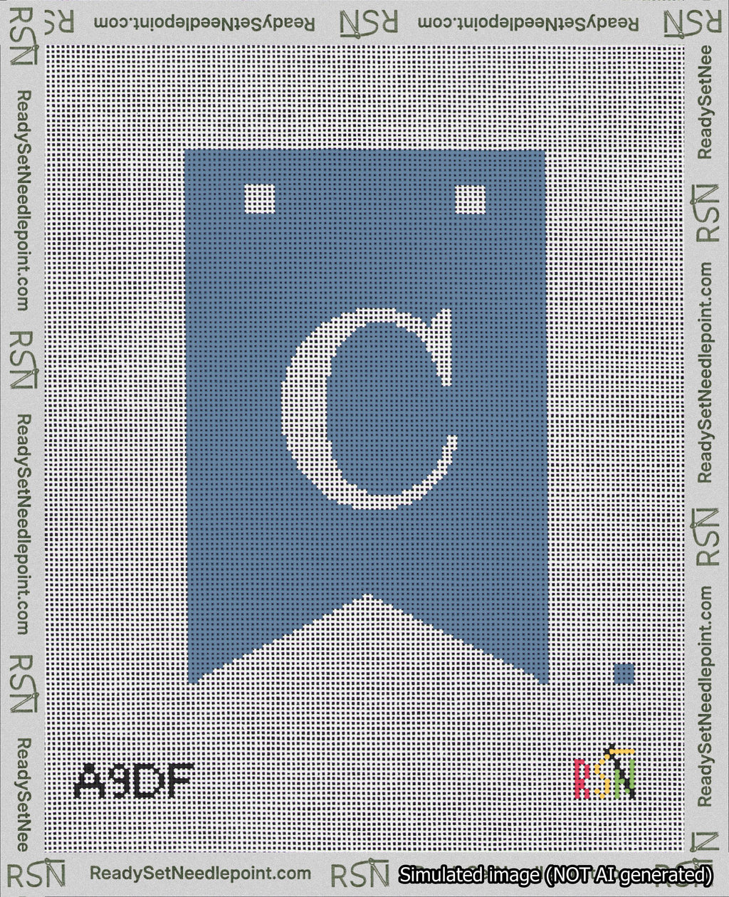 A taped needlepoint canvas with the design: Banner 18 mesh count Forked C White on Blue.