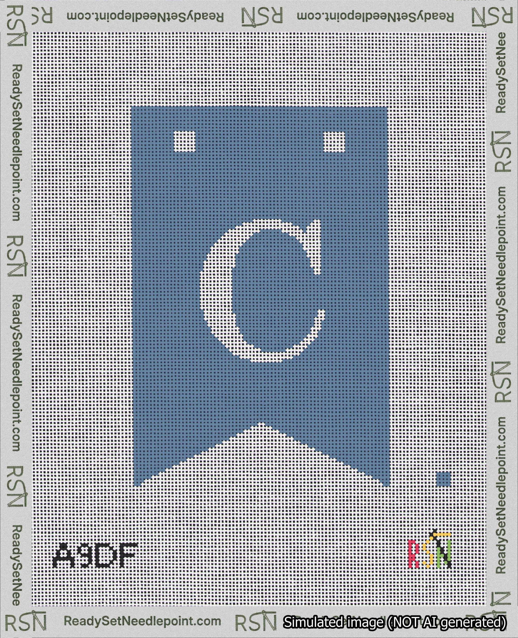 A taped needlepoint canvas with the design: Banner 18 mesh count Forked C White on Blue.