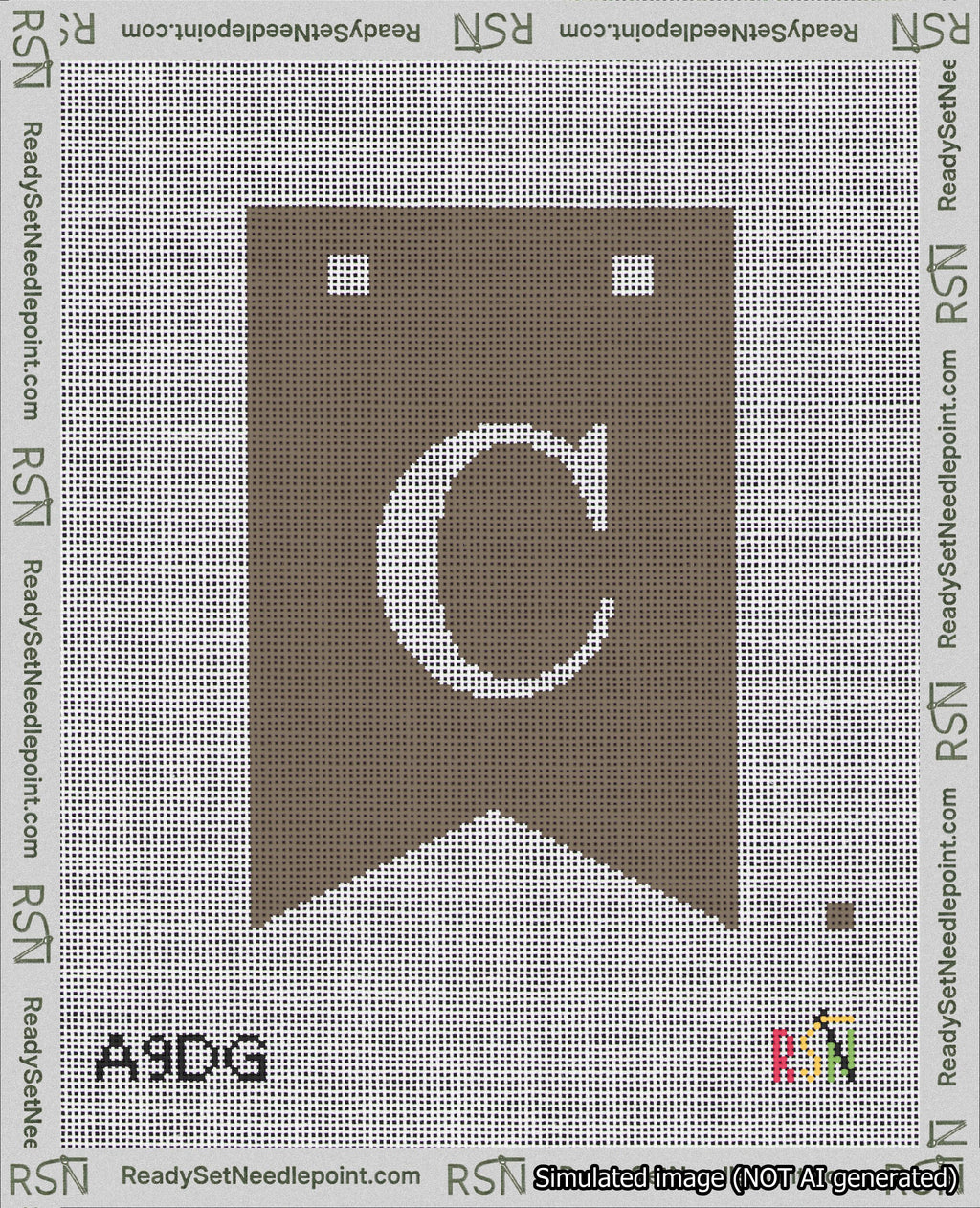 A taped needlepoint canvas with the design: Banner 18 mesh count Forked C White on Brown.