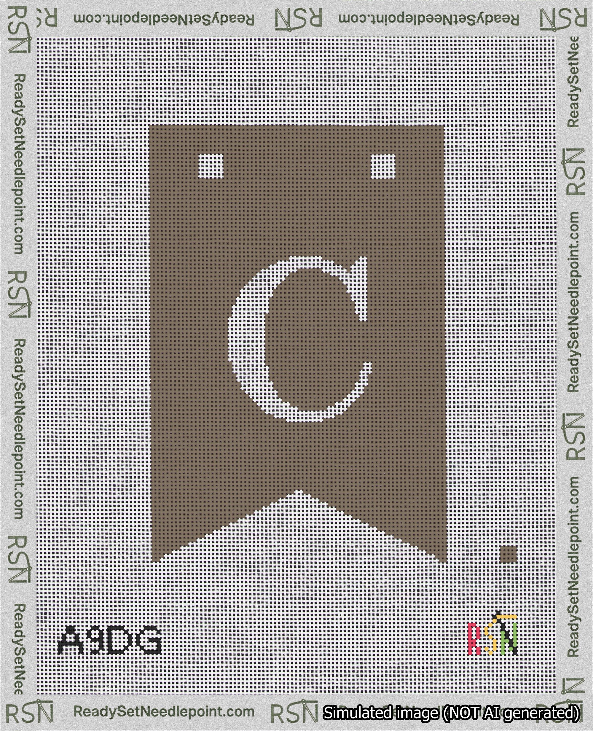 A taped needlepoint canvas with the design: Banner 18 mesh count Forked C White on Brown.