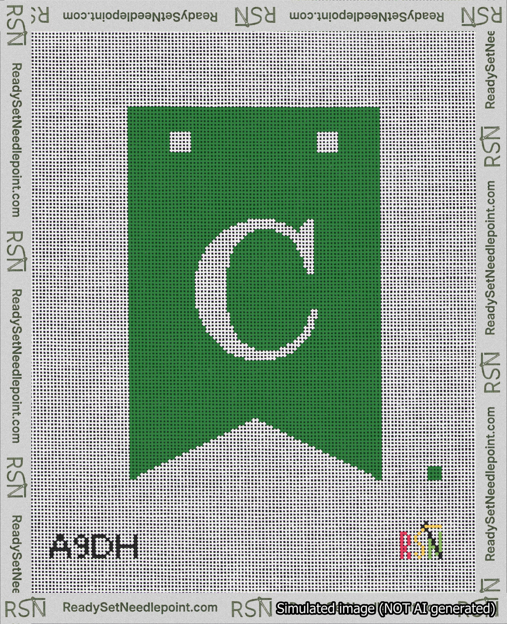 A taped needlepoint canvas with the design: Banner 18 mesh count Forked C White on Green.