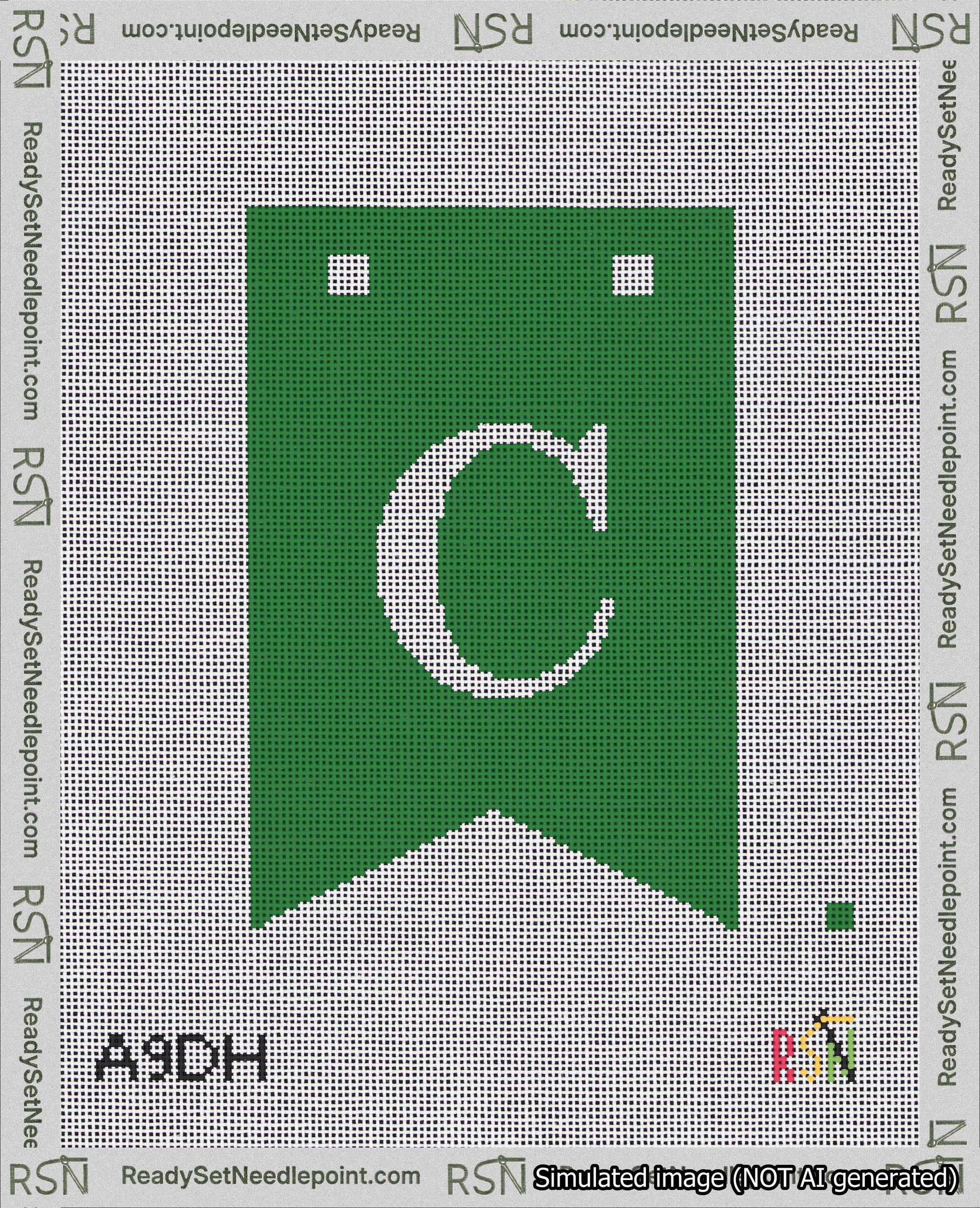 A taped needlepoint canvas with the design: Banner 18 mesh count Forked C White on Green.