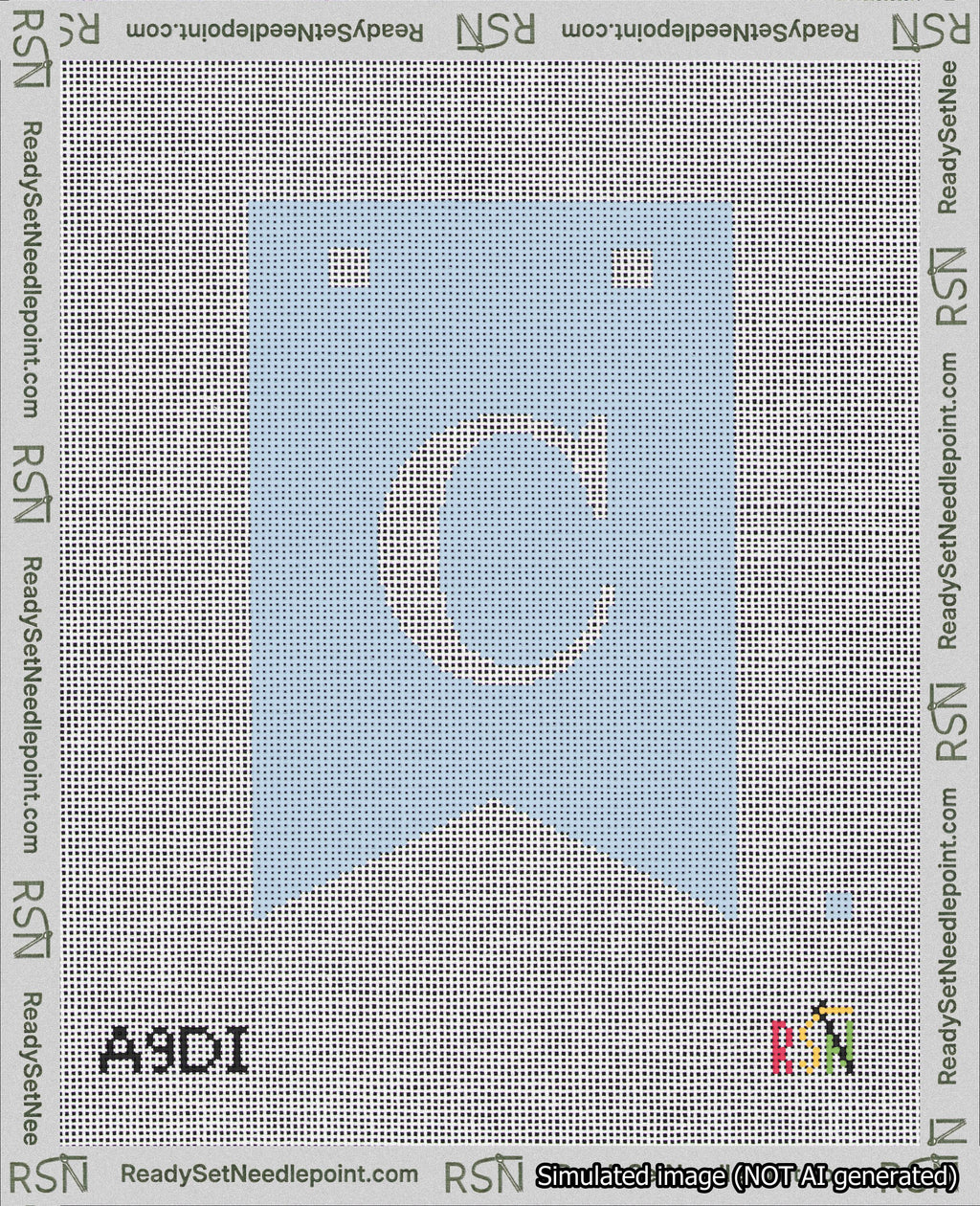 A taped needlepoint canvas with the design: Banner 18 mesh count Forked C White on Light Blue.