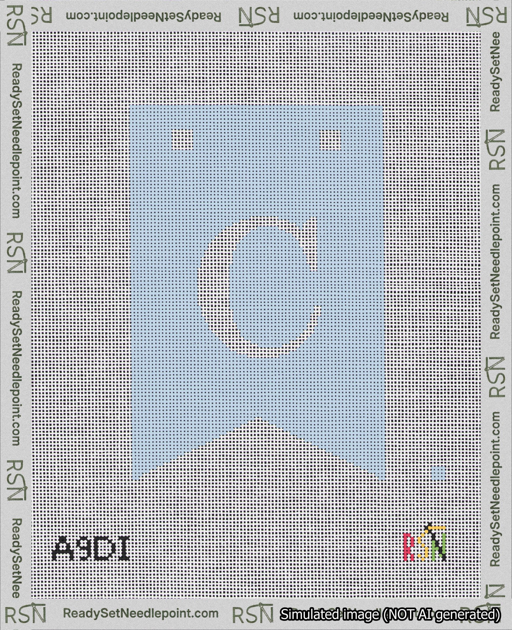 A taped needlepoint canvas with the design: Banner 18 mesh count Forked C White on Light Blue.