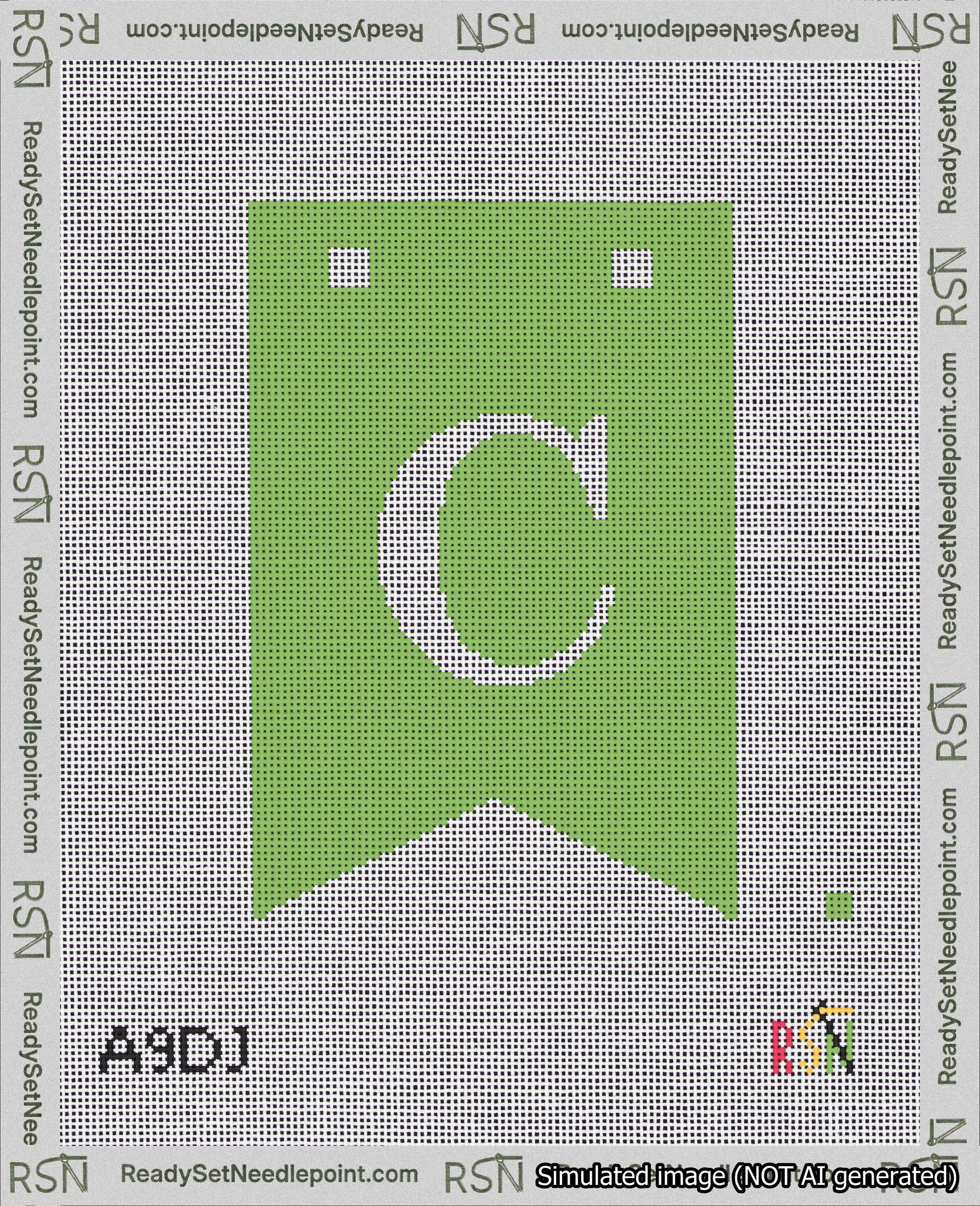 A taped needlepoint canvas with the design: Banner 18 mesh count Forked C White on Light Green.