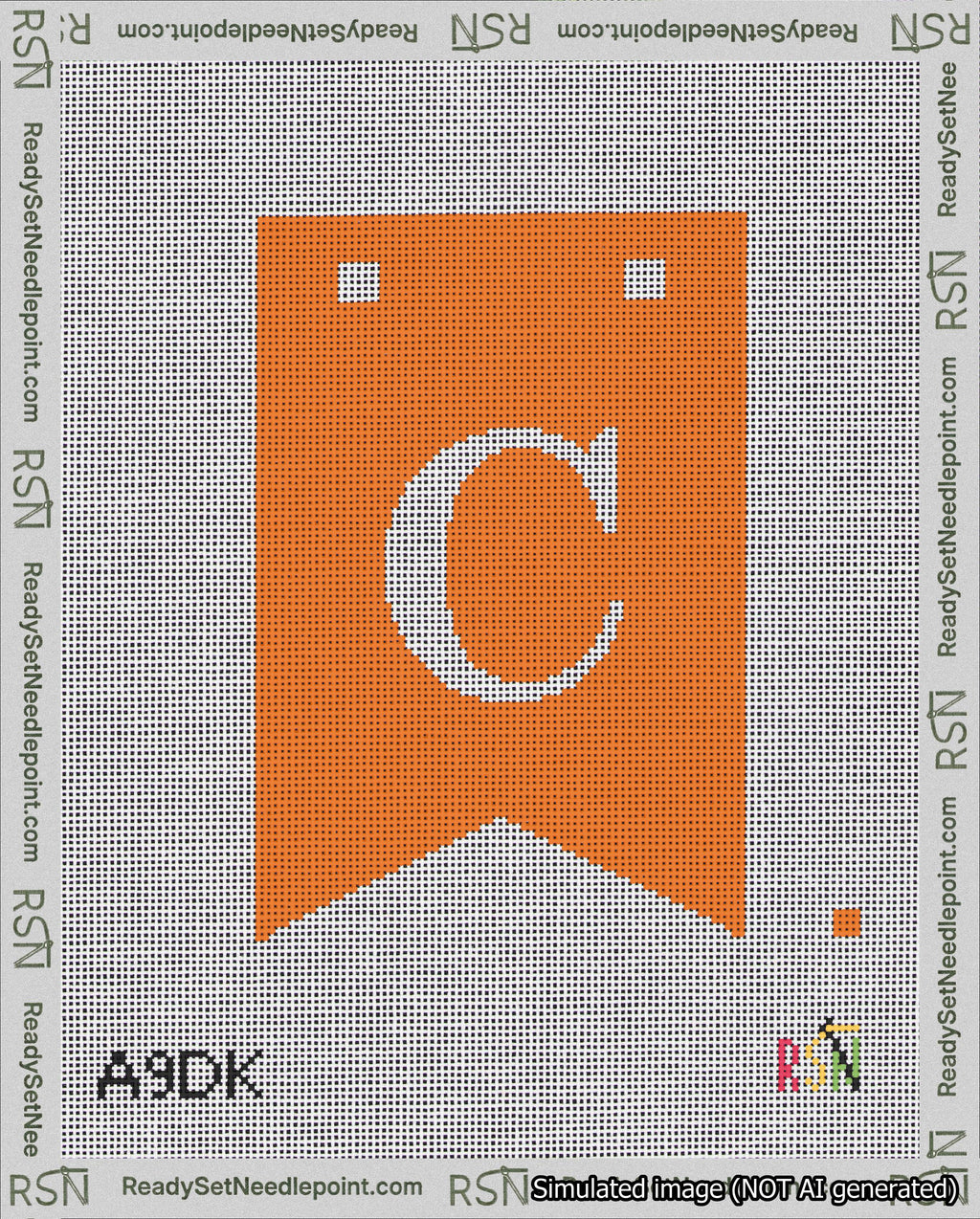 A taped needlepoint canvas with the design: Banner 18 mesh count Forked C White on Orange.