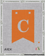 A taped needlepoint canvas with the design: Banner 18 mesh count Forked C White on Orange.