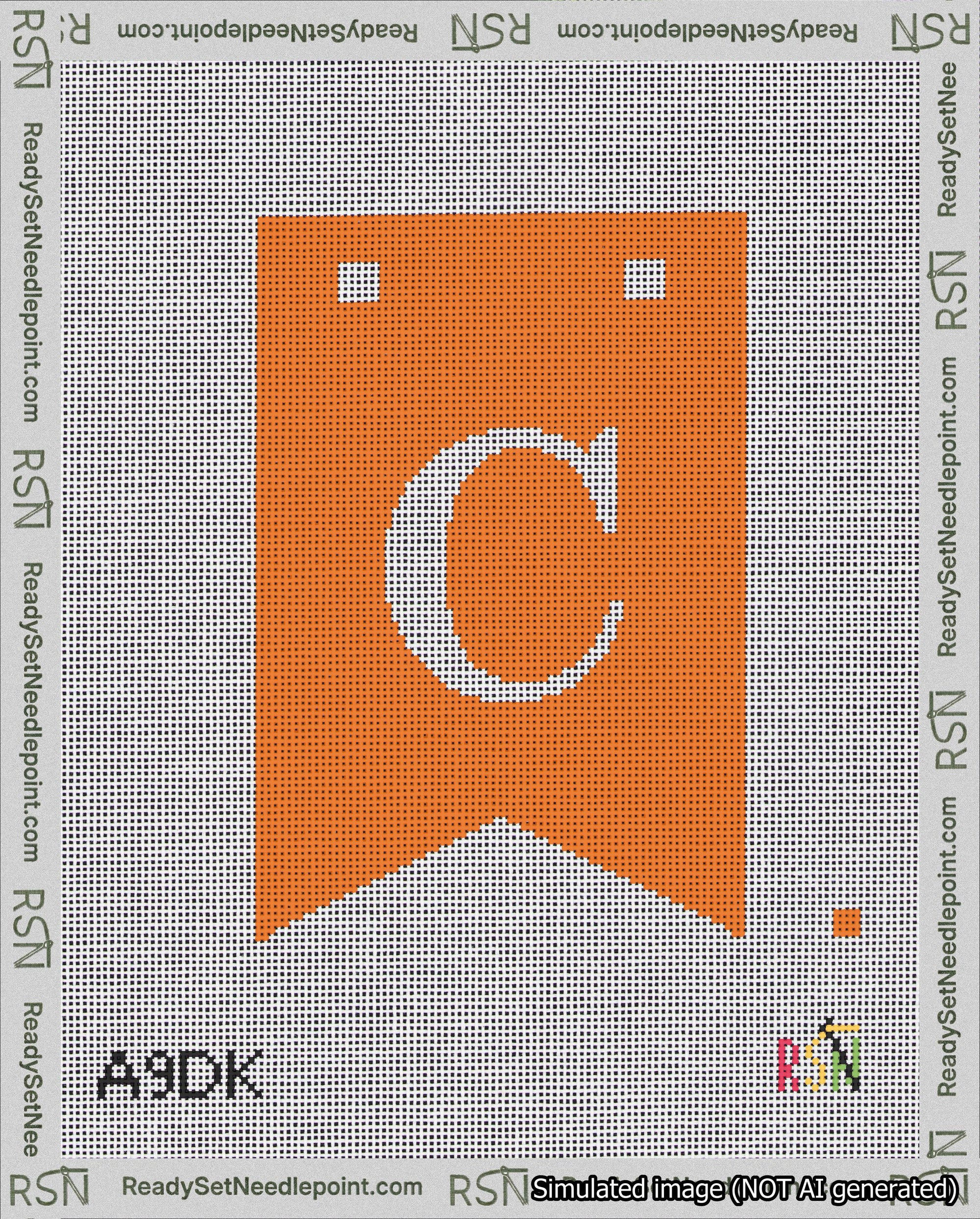 A taped needlepoint canvas with the design: Banner 18 mesh count Forked C White on Orange.