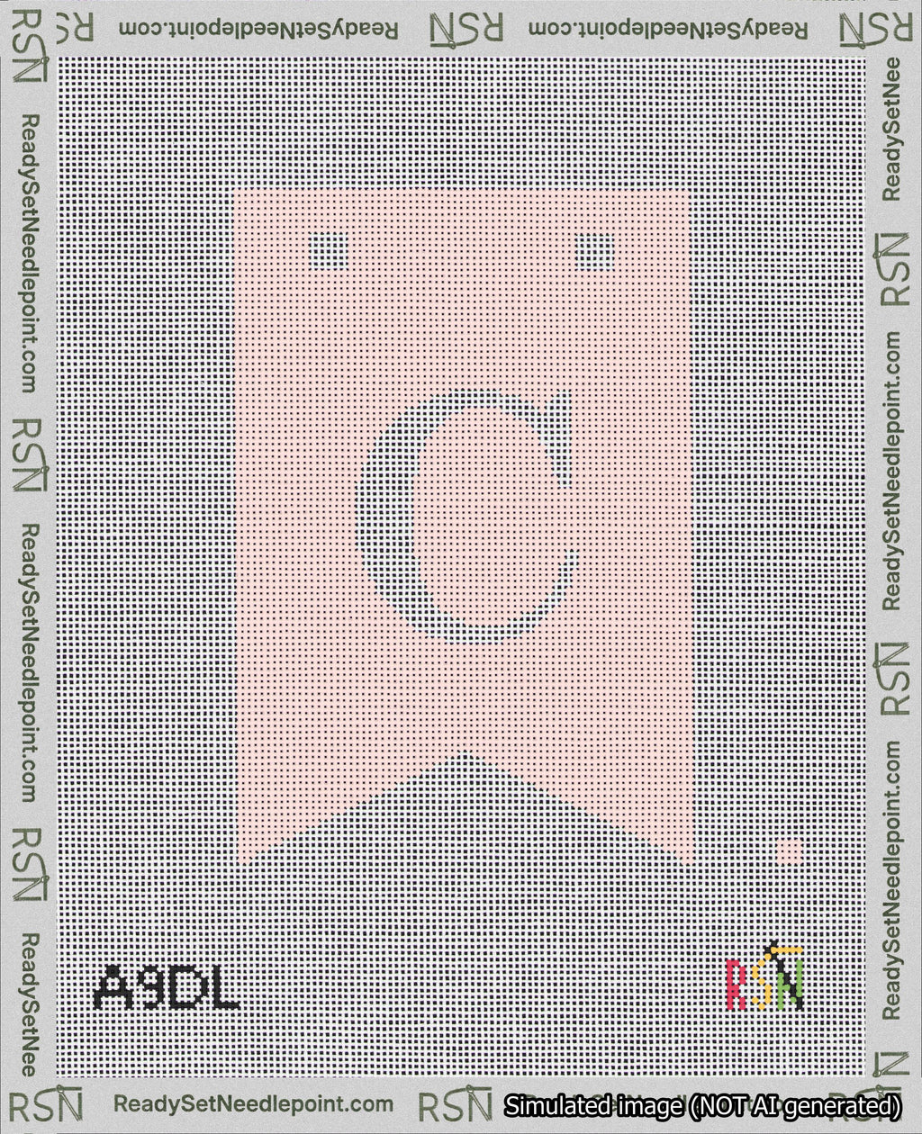 A taped needlepoint canvas with the design: Banner 18 mesh count Forked C White on Pink.
