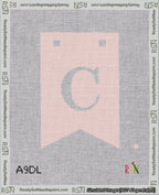 A taped needlepoint canvas with the design: Banner 18 mesh count Forked C White on Pink.