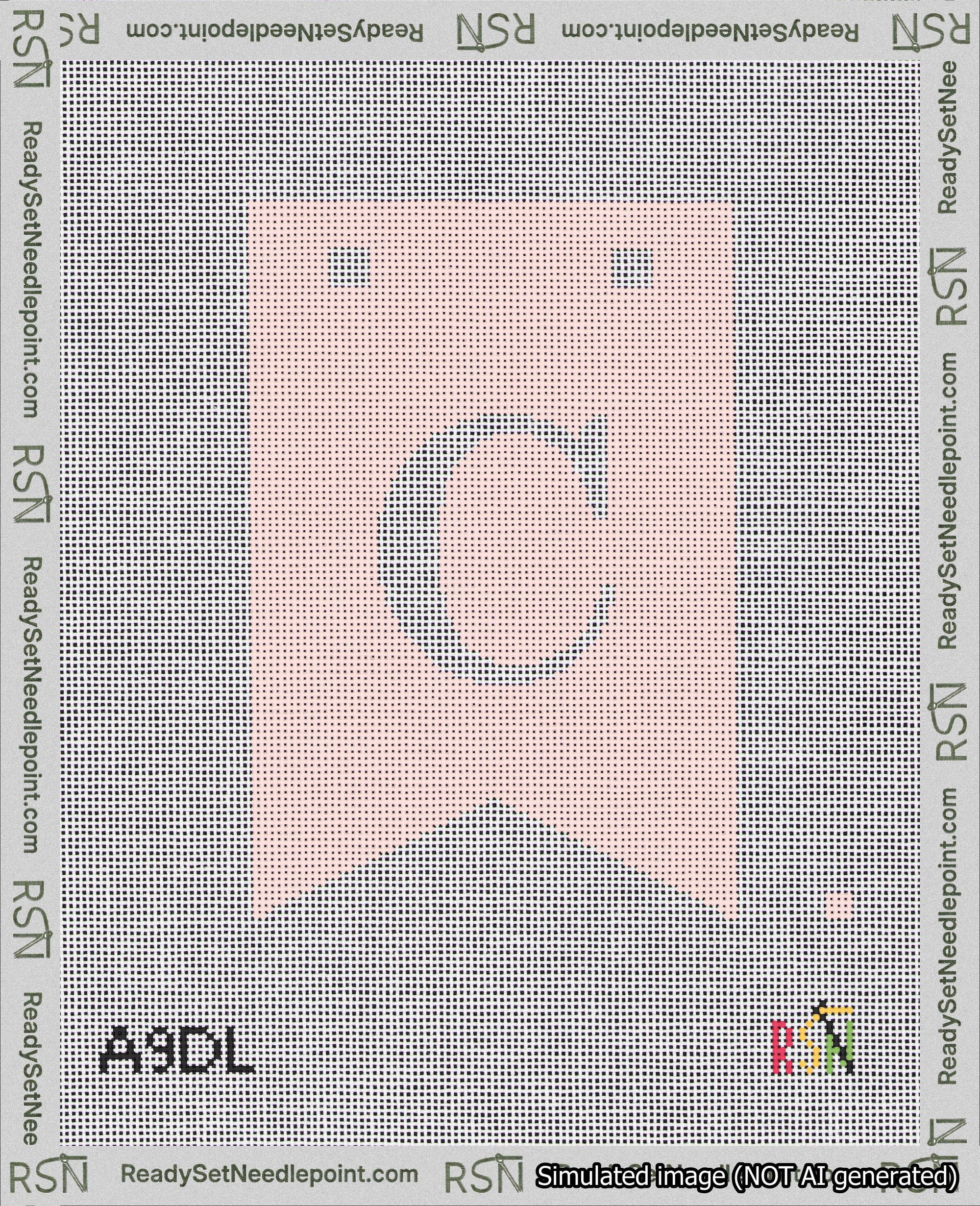 A taped needlepoint canvas with the design: Banner 18 mesh count Forked C White on Pink.