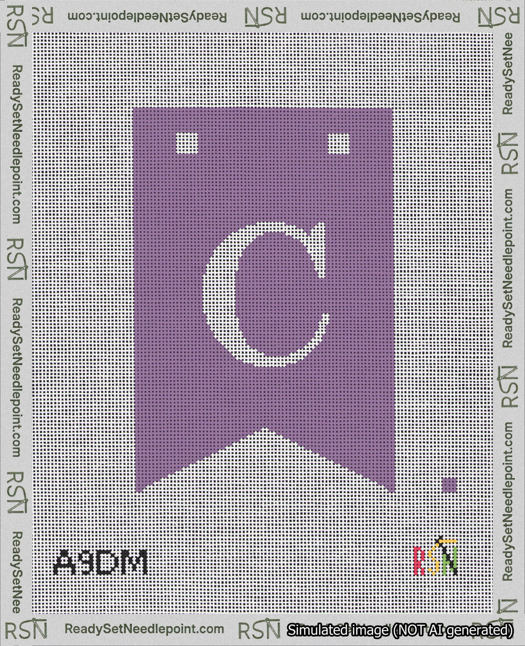 A taped needlepoint canvas with the design: Banner 18 mesh count Forked C White on Purple.