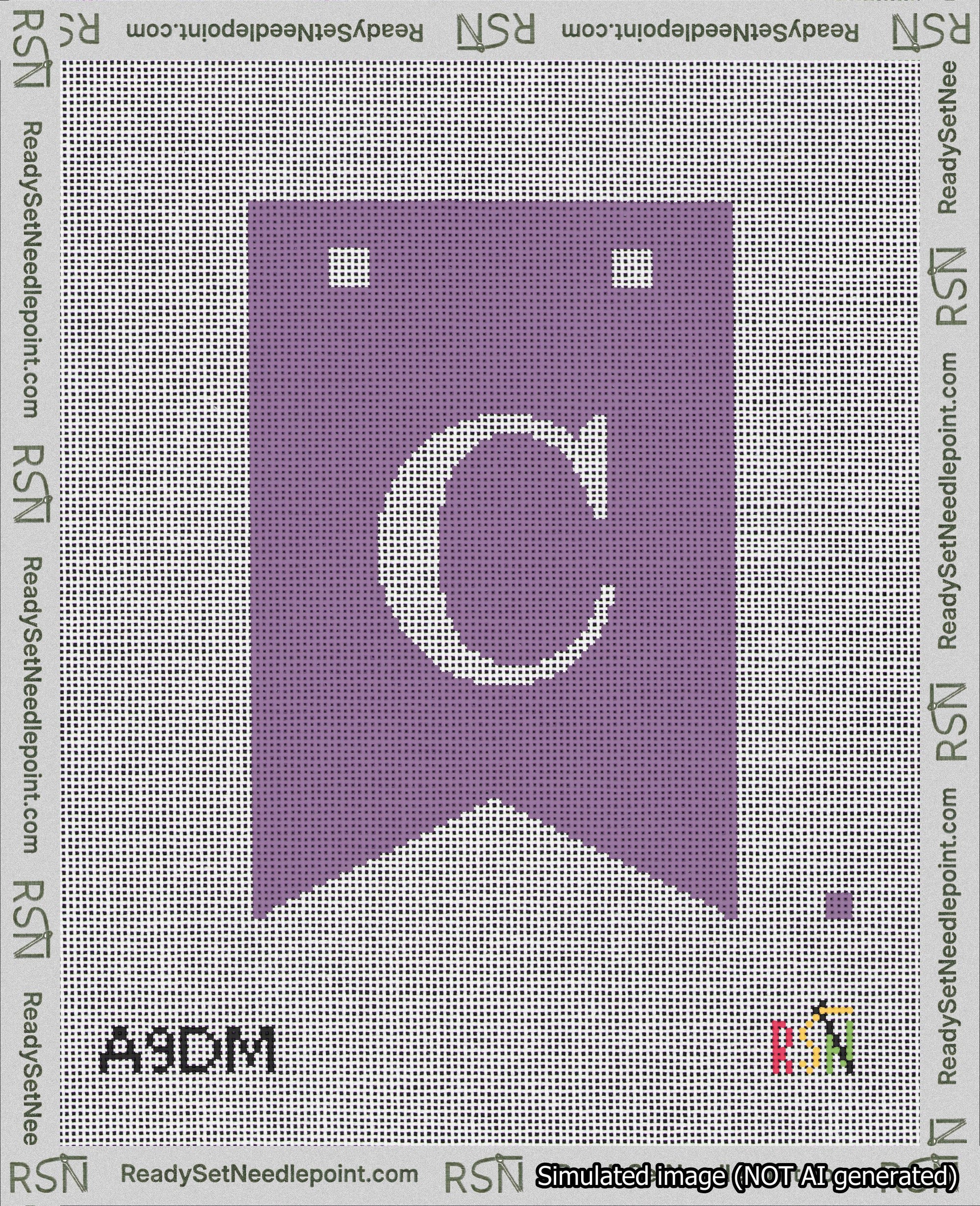 A taped needlepoint canvas with the design: Banner 18 mesh count Forked C White on Purple.