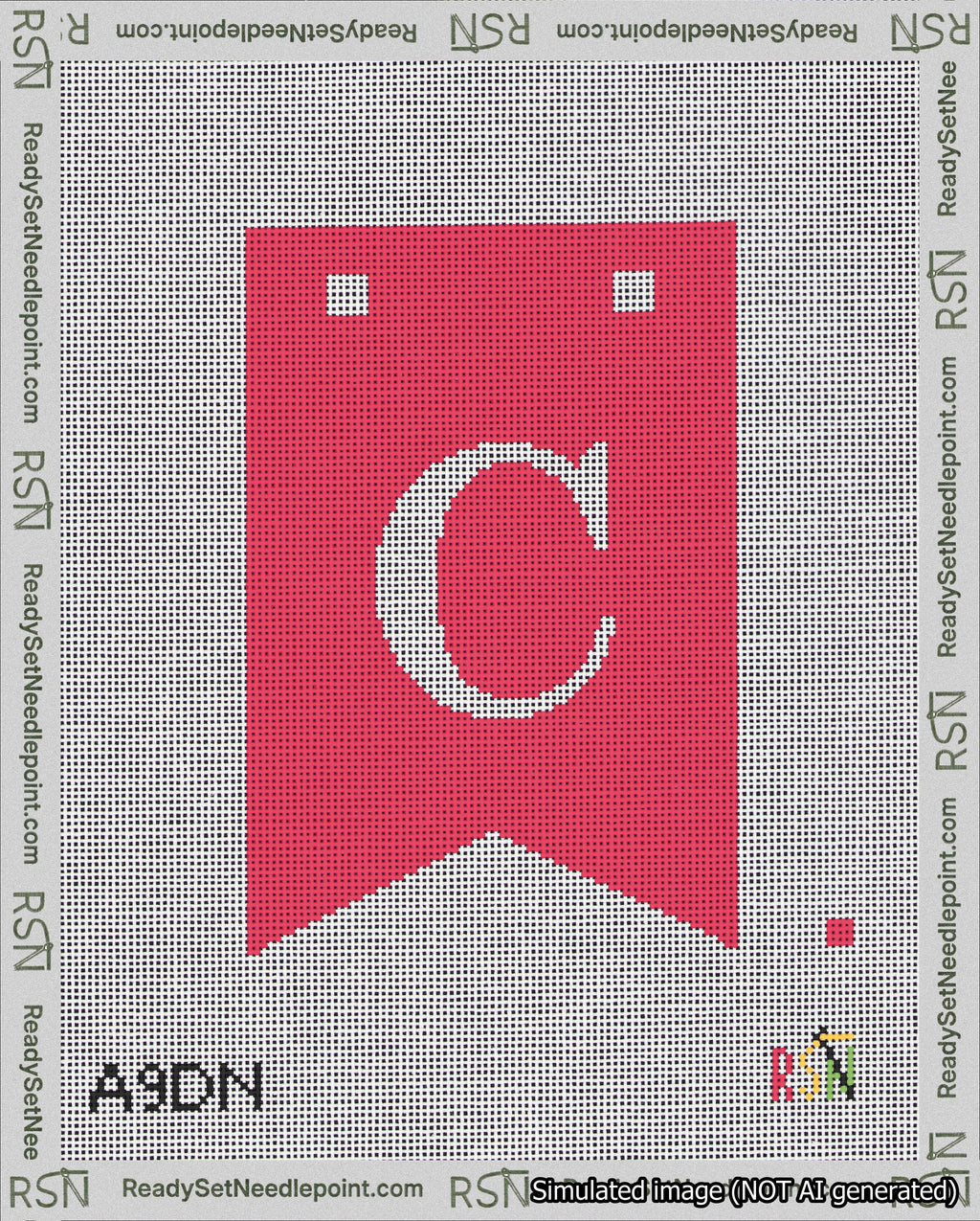 A taped needlepoint canvas with the design: Banner 18 mesh count Forked C White on Red.