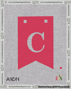 A taped needlepoint canvas with the design: Banner 18 mesh count Forked C White on Red.