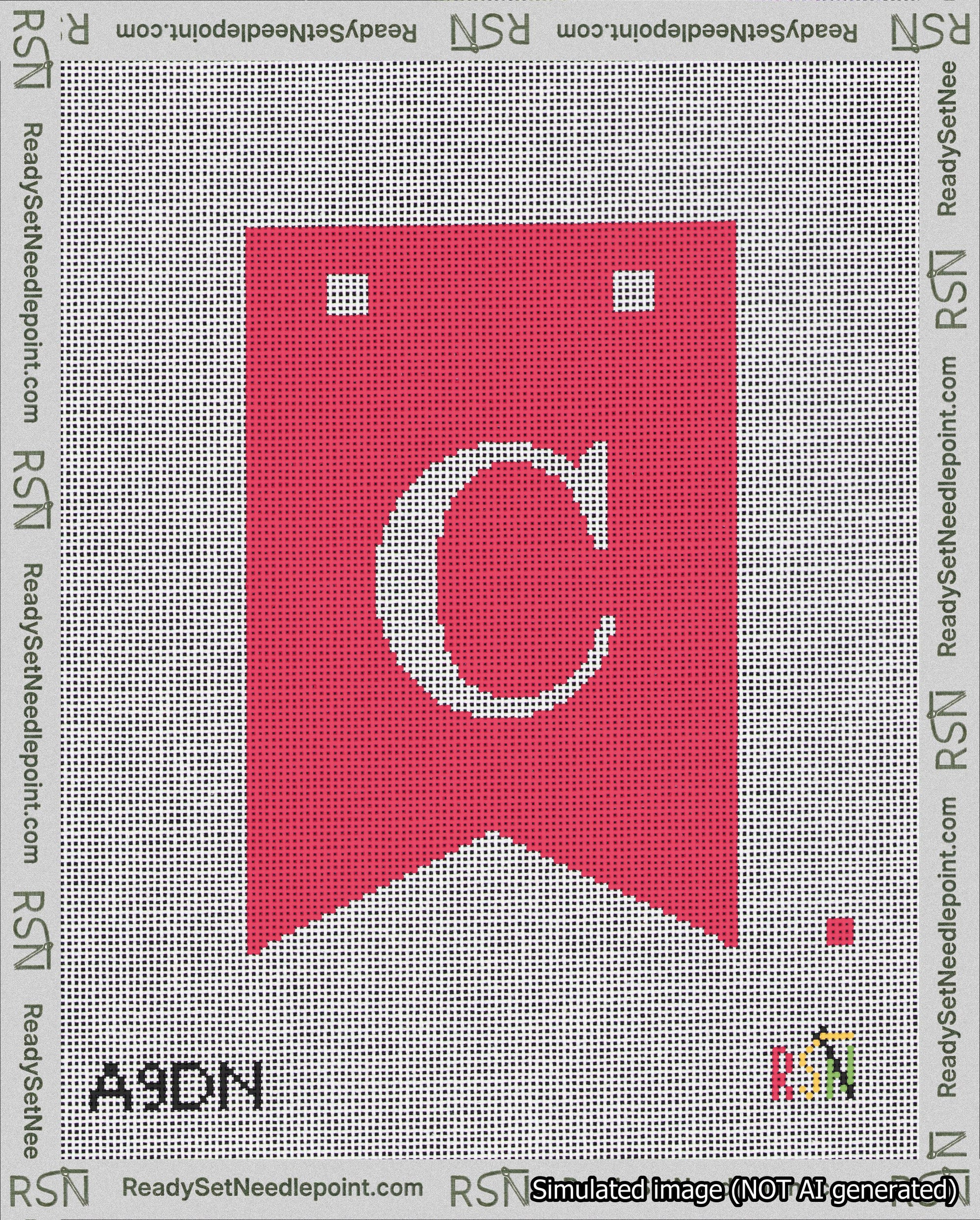A taped needlepoint canvas with the design: Banner 18 mesh count Forked C White on Red.