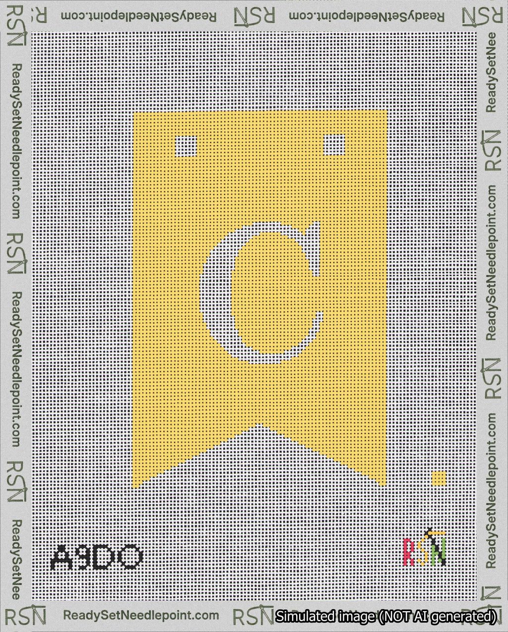 A taped needlepoint canvas with the design: Banner 18 mesh count Forked C White on Yellow.