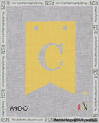 A taped needlepoint canvas with the design: Banner 18 mesh count Forked C White on Yellow.