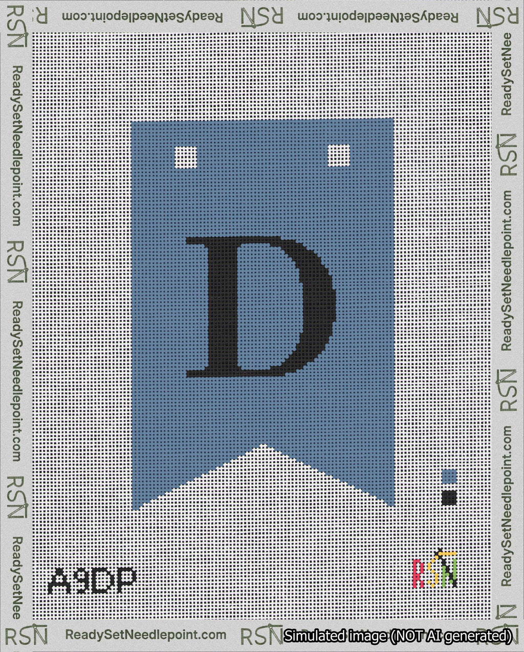 A taped needlepoint canvas with the design: Banner 18 mesh count Forked D Black on Blue.
