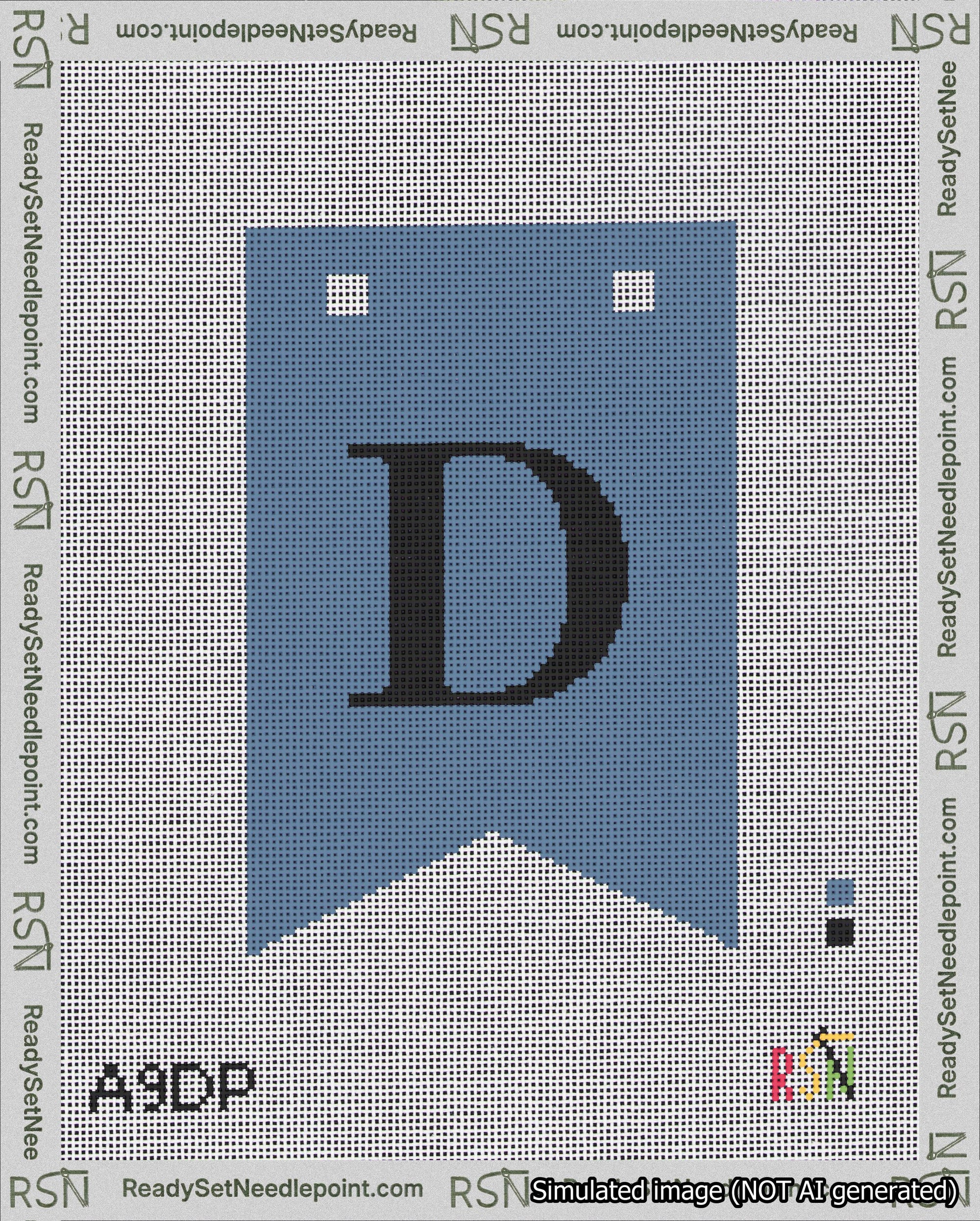 A taped needlepoint canvas with the design: Banner 18 mesh count Forked D Black on Blue.