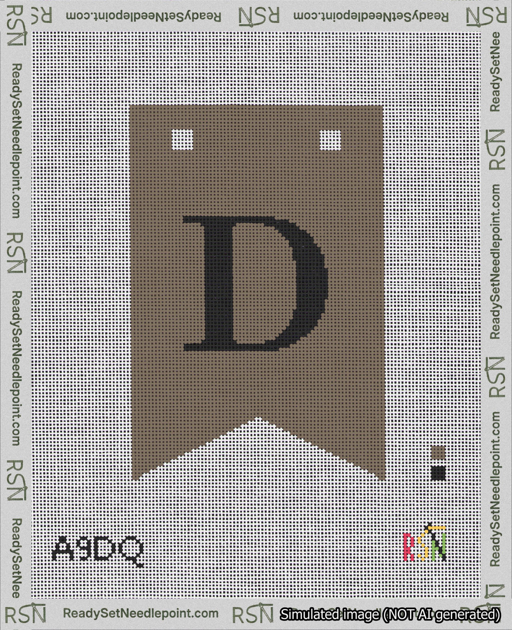A taped needlepoint canvas with the design: Banner 18 mesh count Forked D Black on Brown.