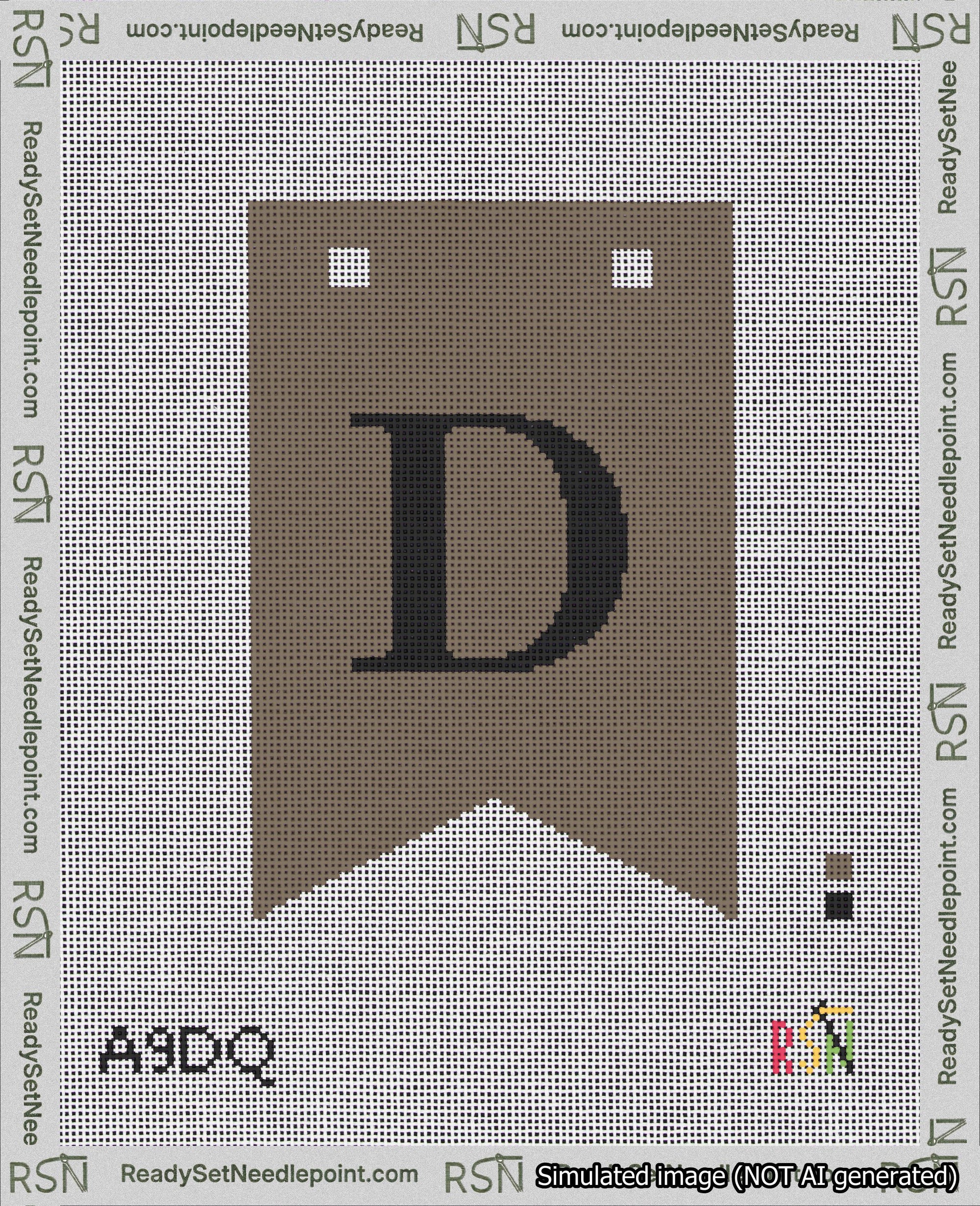 A taped needlepoint canvas with the design: Banner 18 mesh count Forked D Black on Brown.