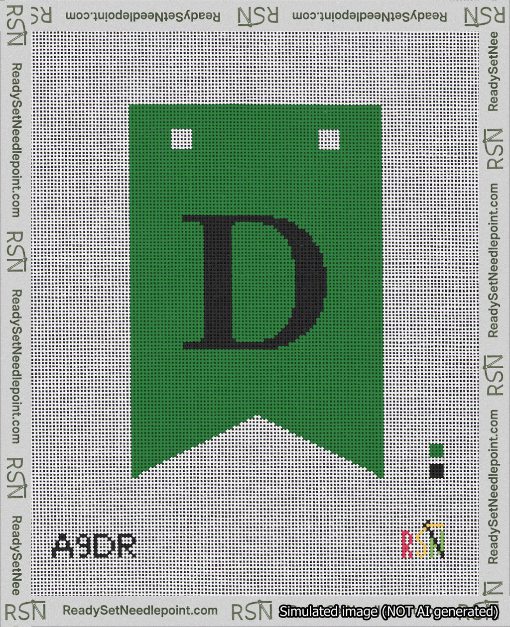 A taped needlepoint canvas with the design: Banner 18 mesh count Forked D Black on Green.