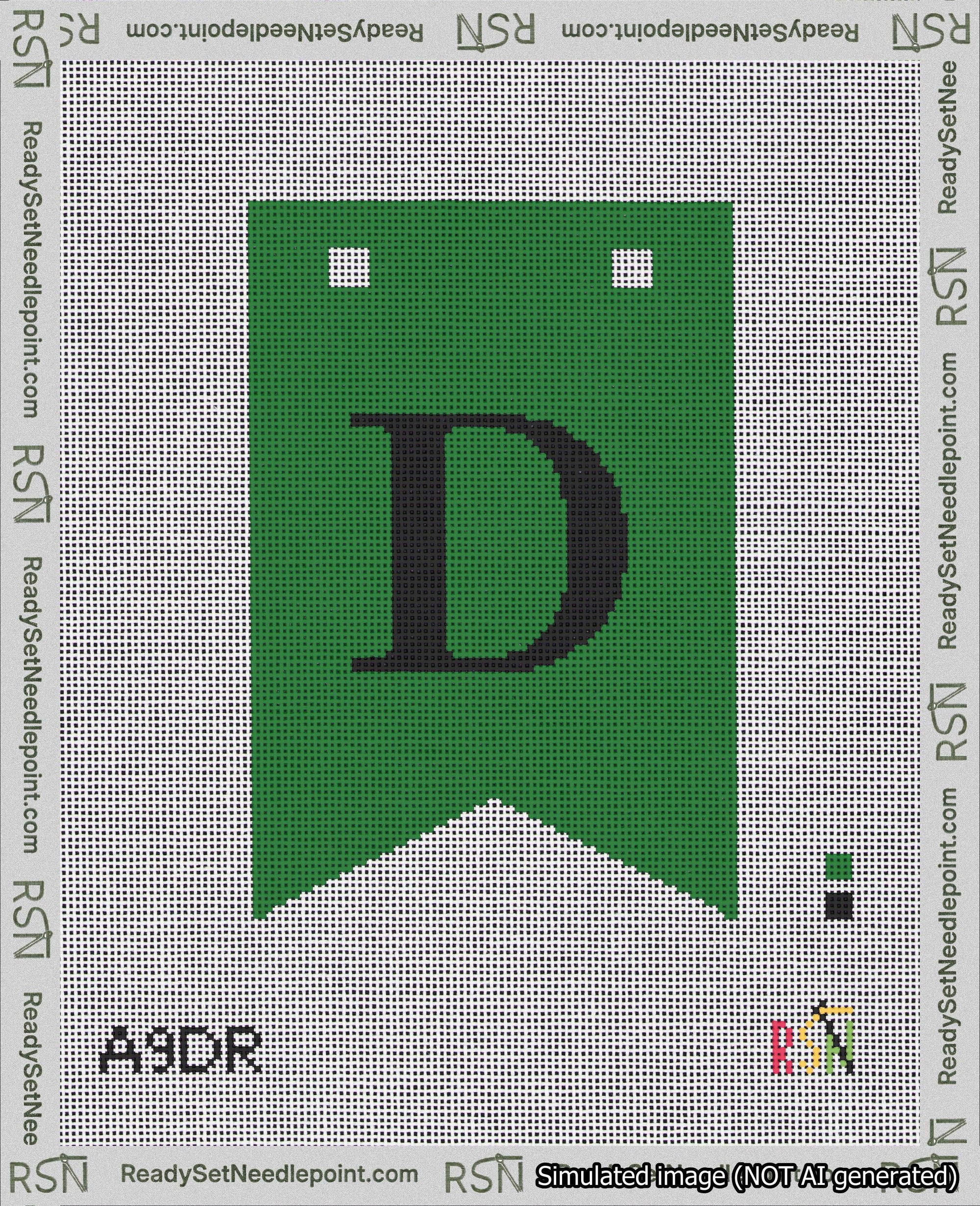 A taped needlepoint canvas with the design: Banner 18 mesh count Forked D Black on Green.