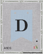 A taped needlepoint canvas with the design: Banner 18 mesh count Forked D Black on Light Blue.