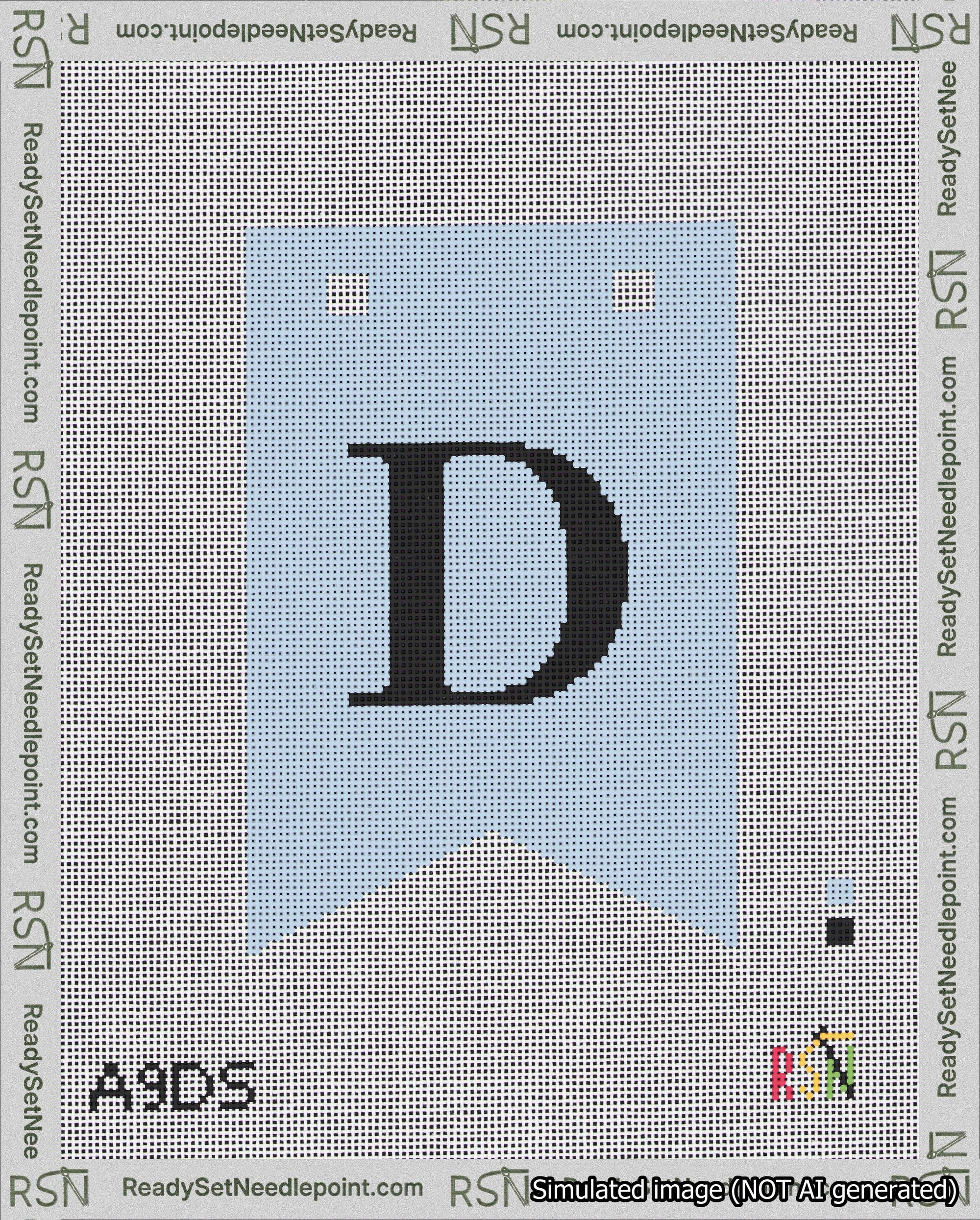 A taped needlepoint canvas with the design: Banner 18 mesh count Forked D Black on Light Blue.