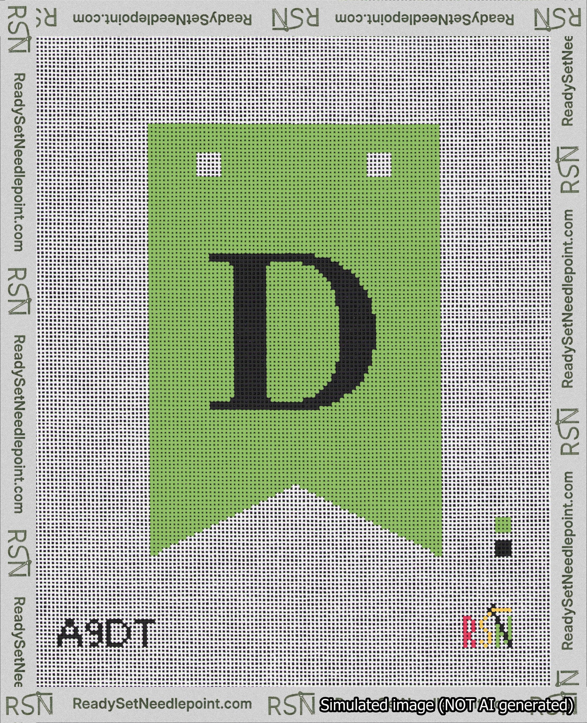 A taped needlepoint canvas with the design: Banner 18 mesh count Forked D Black on Light Green.