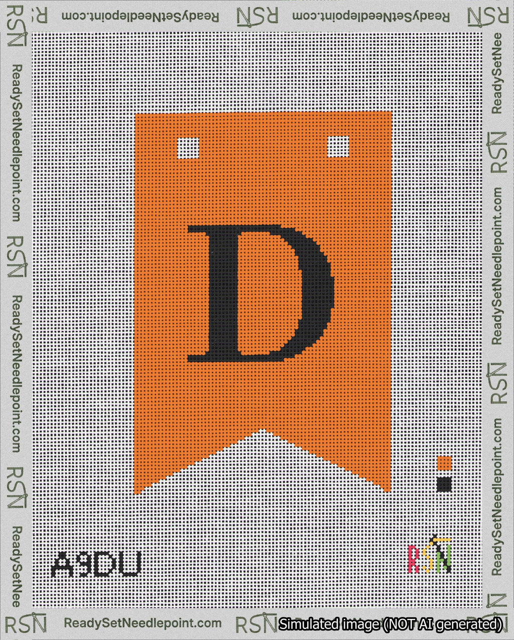 A taped needlepoint canvas with the design: Banner 18 mesh count Forked D Black on Orange.