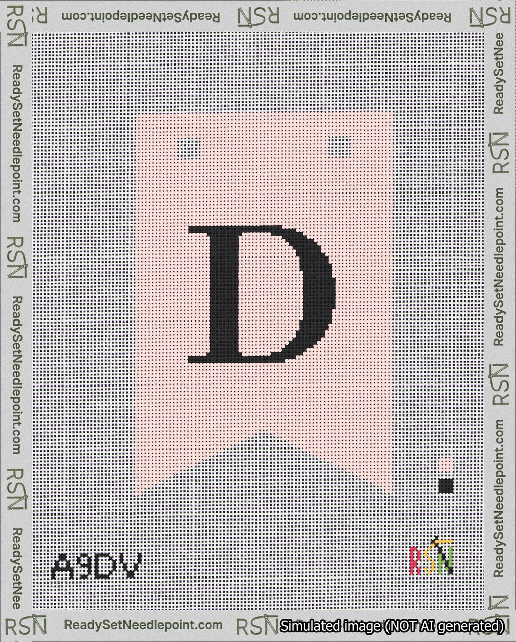 A taped needlepoint canvas with the design: Banner 18 mesh count Forked D Black on Pink.