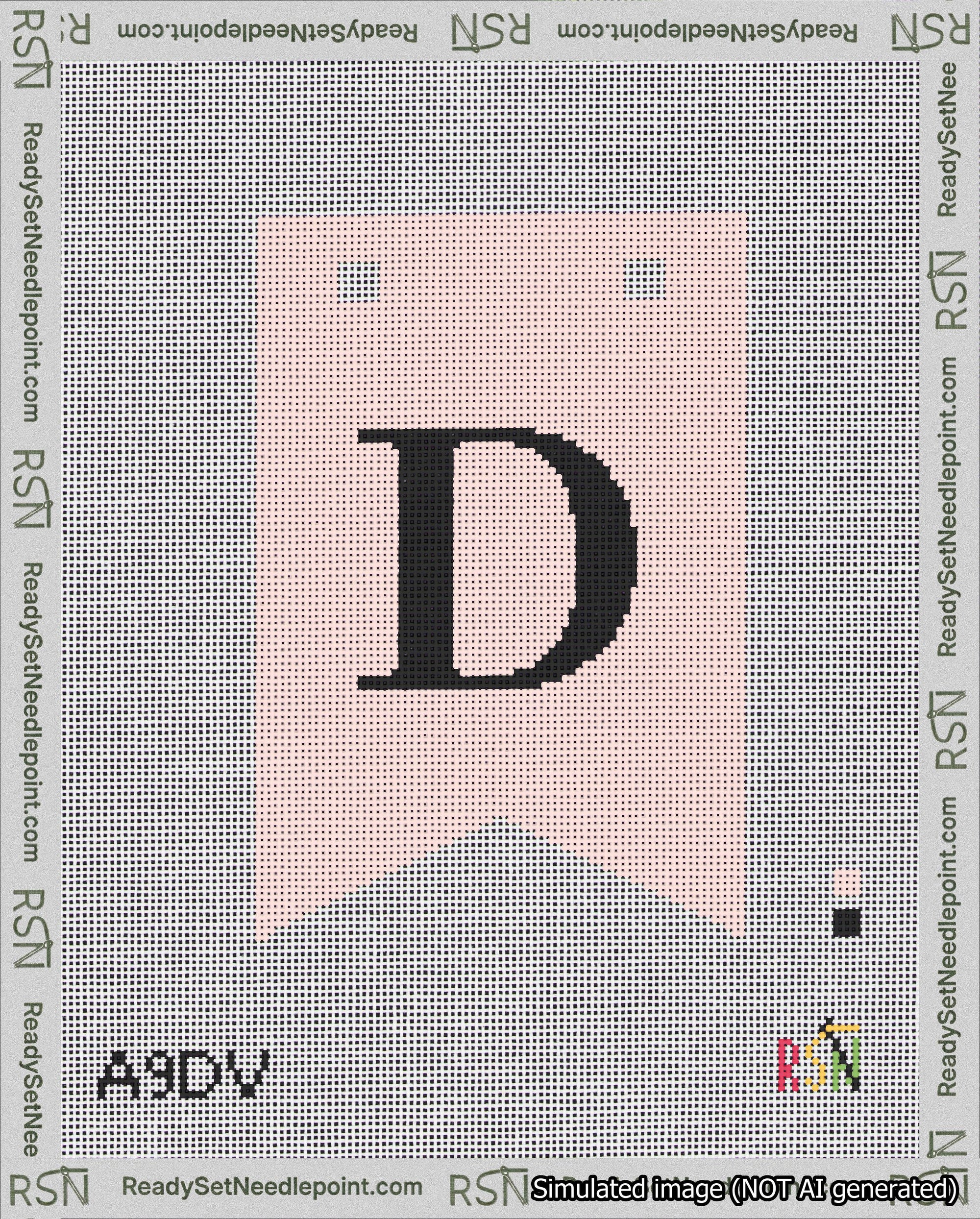 A taped needlepoint canvas with the design: Banner 18 mesh count Forked D Black on Pink.