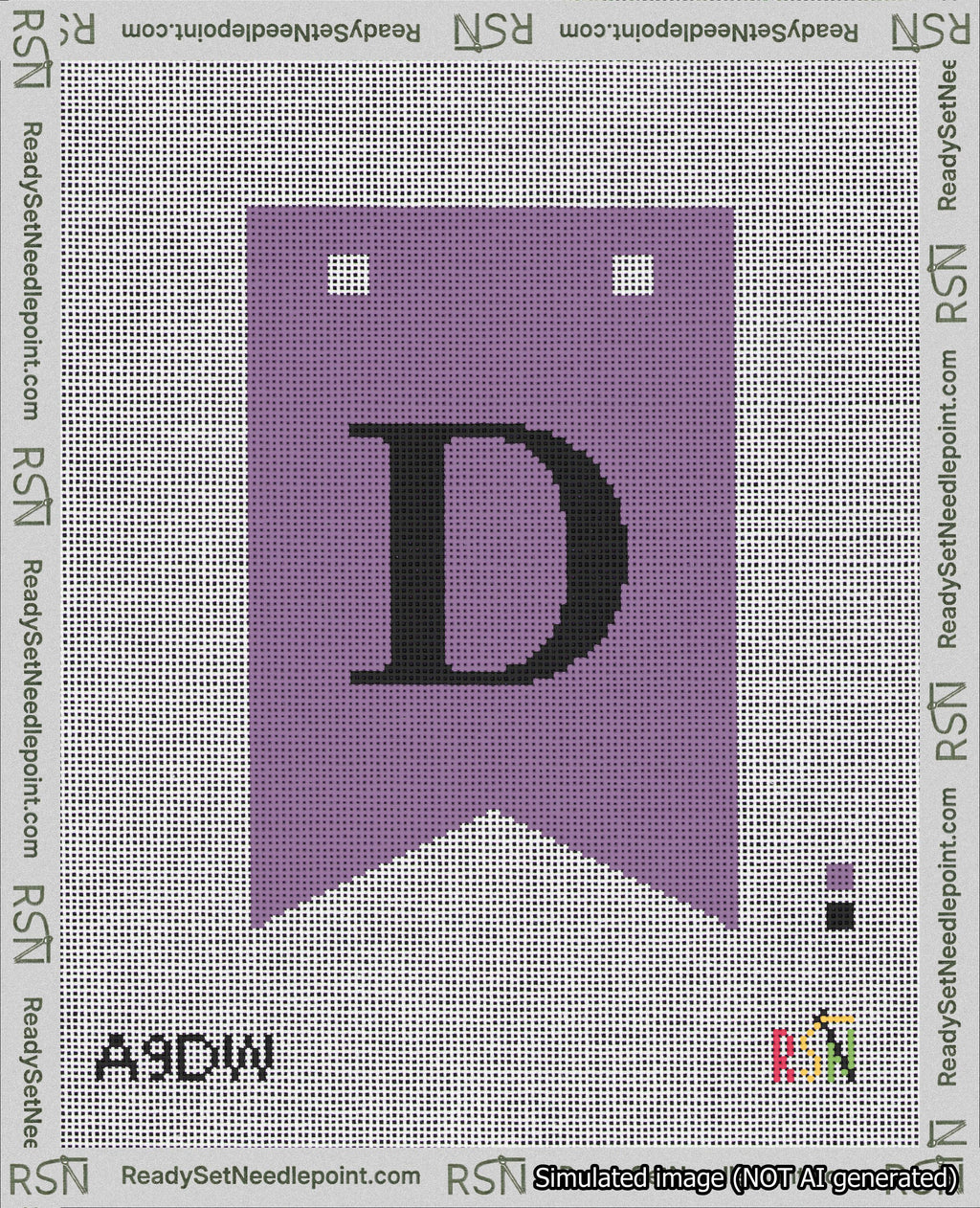 A taped needlepoint canvas with the design: Banner 18 mesh count Forked D Black on Purple.