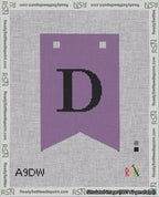 A taped needlepoint canvas with the design: Banner 18 mesh count Forked D Black on Purple.