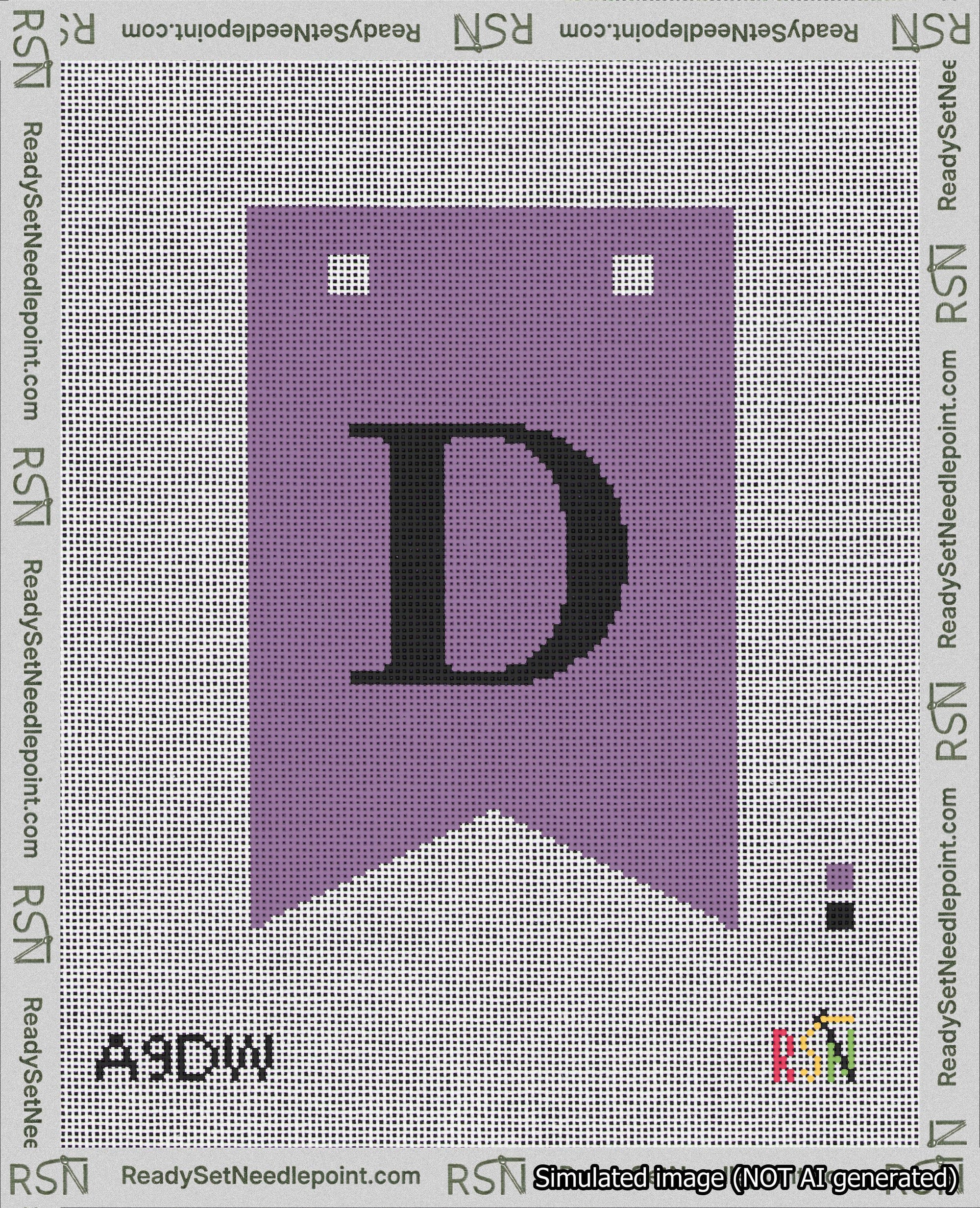 A taped needlepoint canvas with the design: Banner 18 mesh count Forked D Black on Purple.